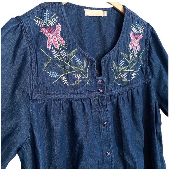 Vintage 90s Denim Embroidered  Snap Front Midi Dress L Loose Fit Short Sleeve - Picture 3 of 8